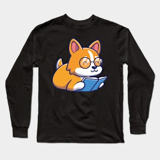 Cute Kawaii Dog Reading Book Long Sleeve T-Shirt